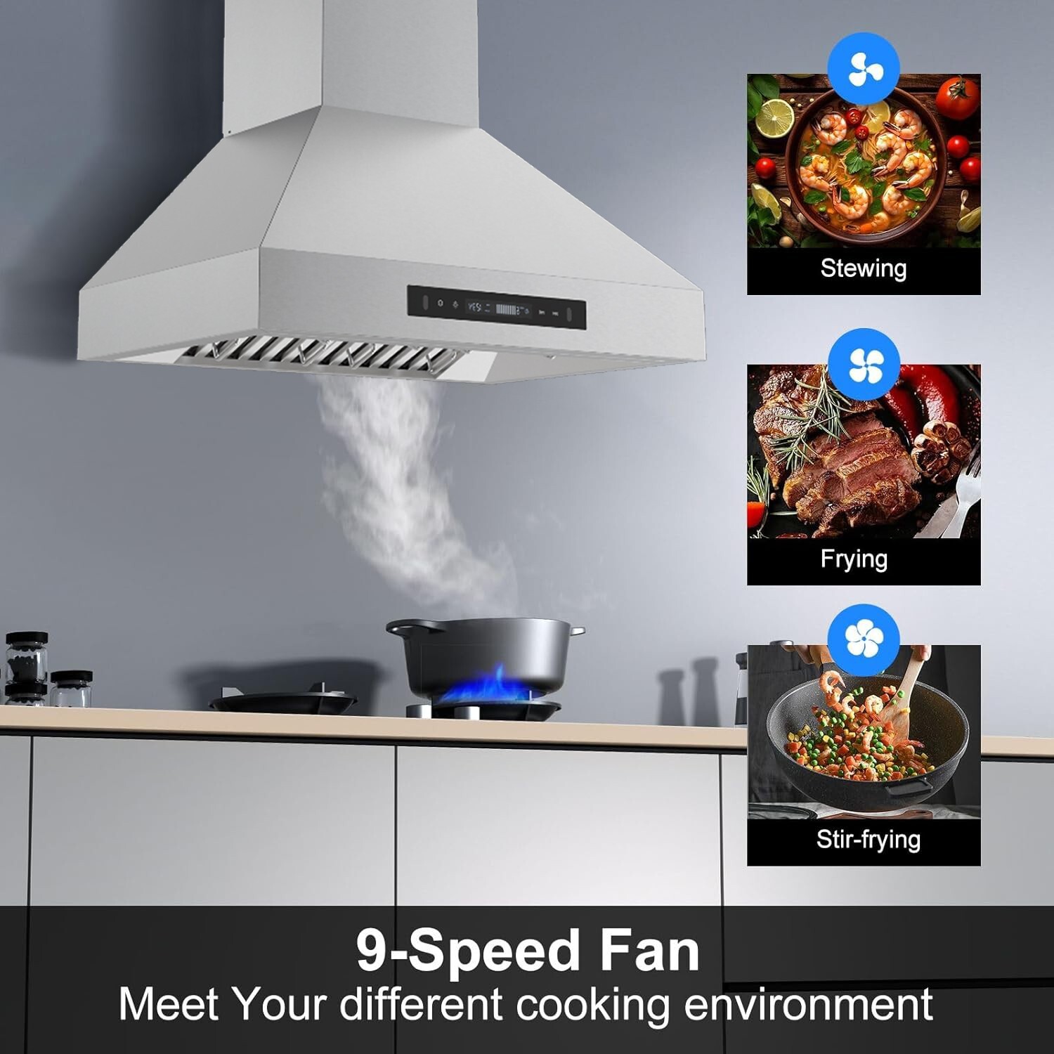 30inch Wall Mount Kitchen Range Hood Stainless Steel 900CFM 9Speed Touch Control