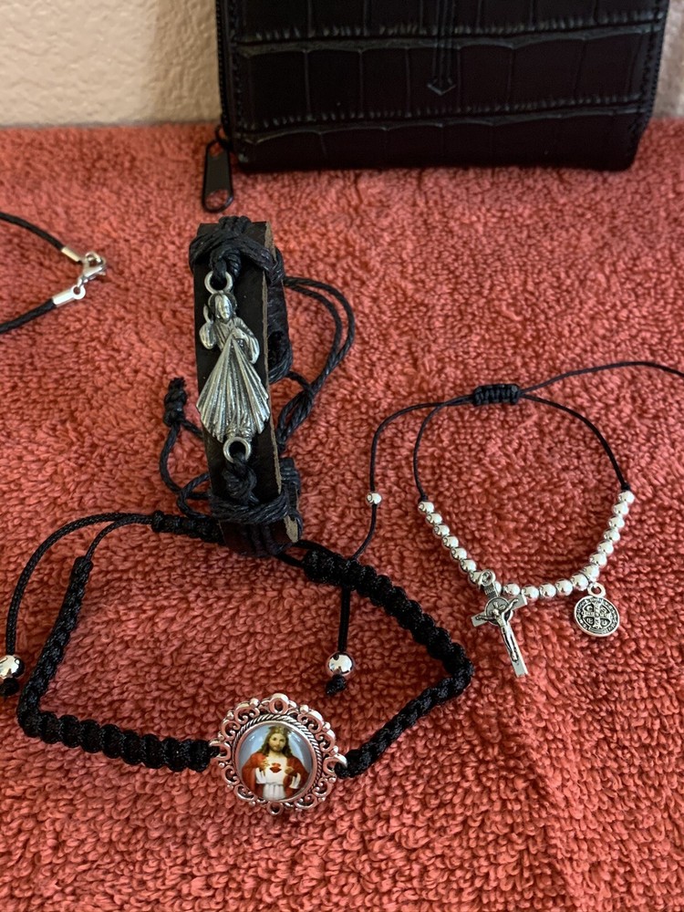 Rosary Black Case Cross Pendant Mary Knots Pin St Benedict Bracelet Religious