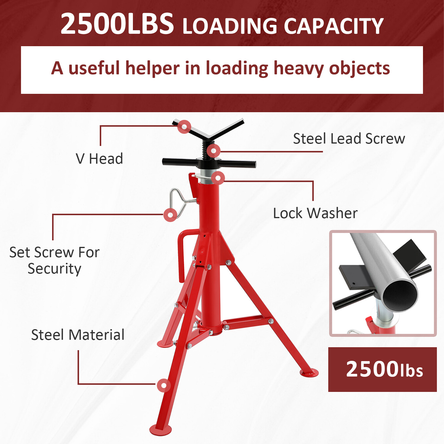 2500Lb Steel V-Head Pipe Stand Folding Tripod Pipe Jack Stand Height Pipe