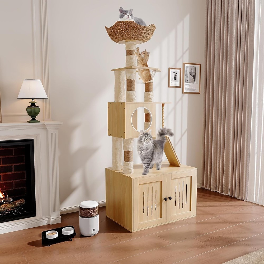 Multi-Level Cat Condo: Enclosed Litter Box, Perches, Hammock & Scratching Posts