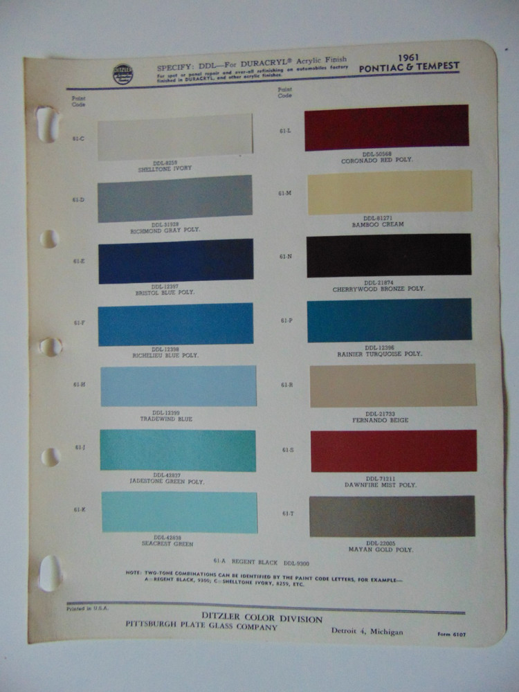 Original 1961 Ditzler Pontiac Paint Chips Sheet