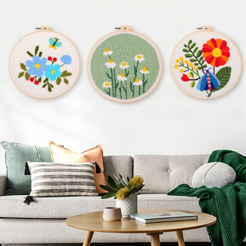 Punching Needle Embroidery Set for Beginner with Pattern Instruction Hoop Yarn