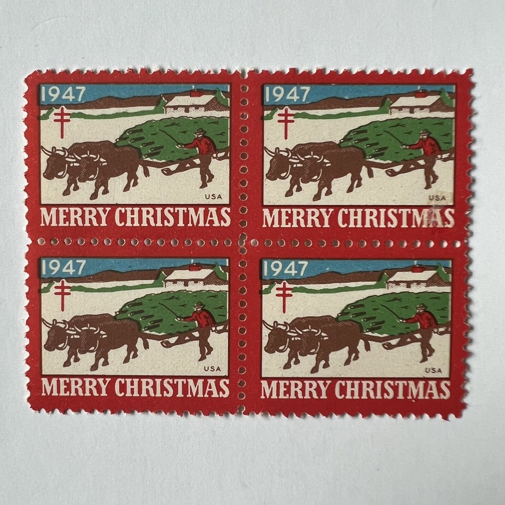 ERROR 1947 CHRISTMAS SEAL BLOCK WITH WHITE DOT ABOVE MOUNTAIN RANGE