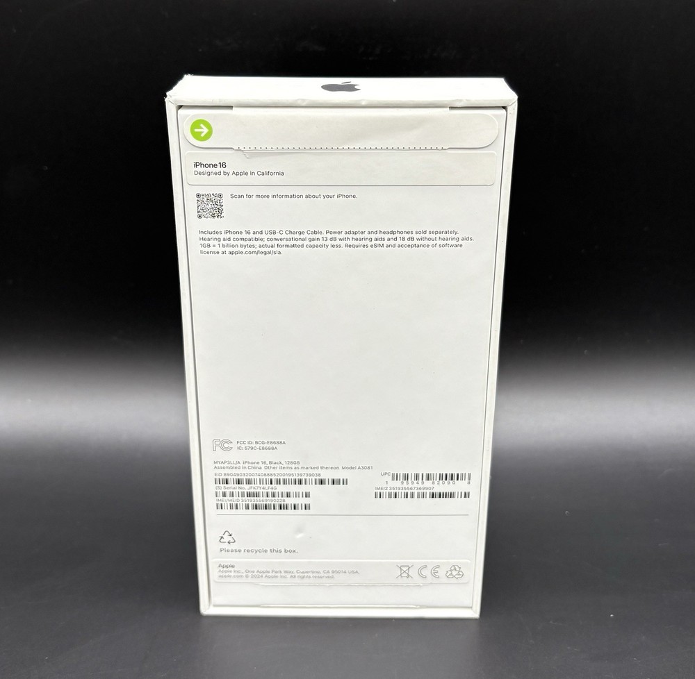 Apple iPhone 16 / Black / Box Only / With Inserts