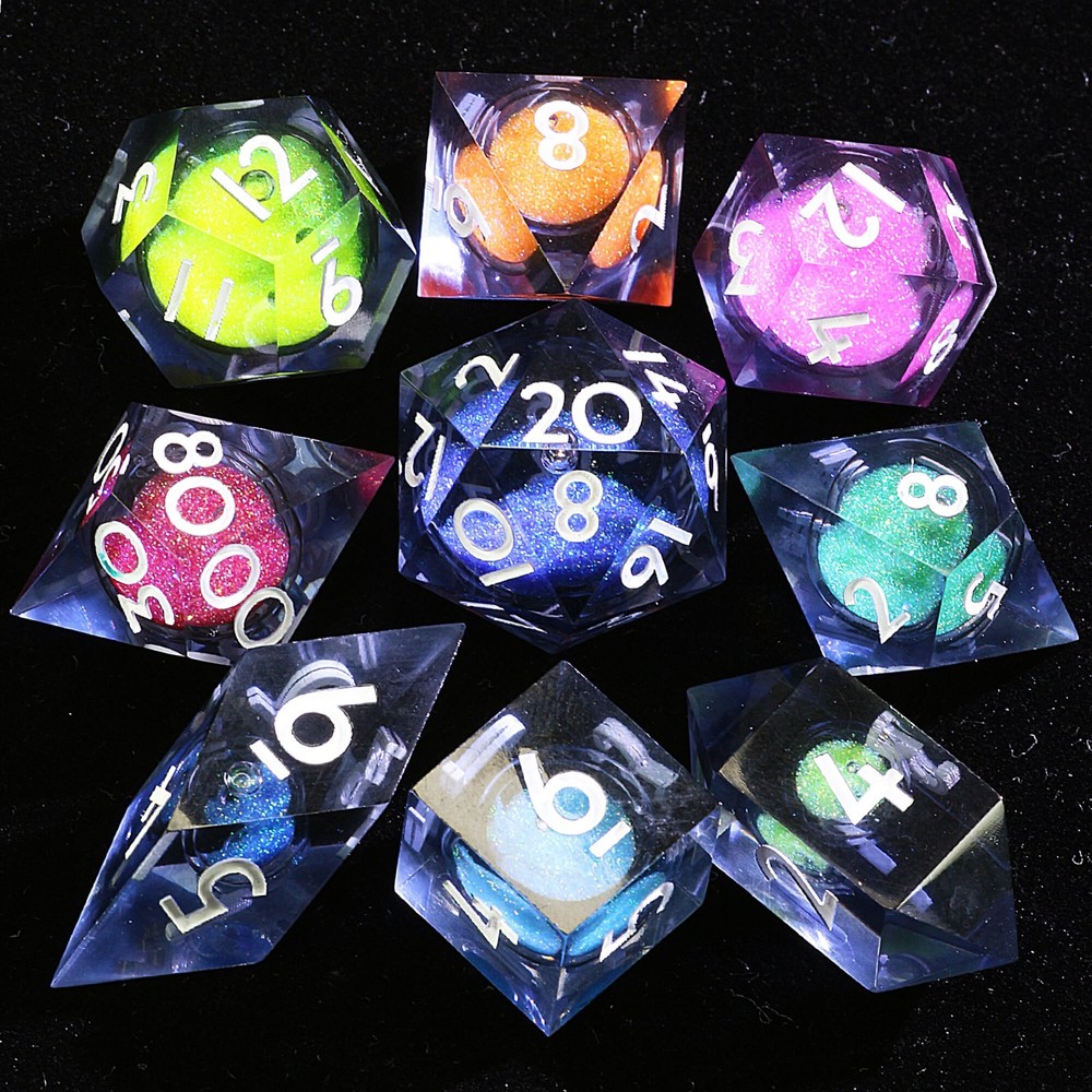 9 Polyhedral Resin Liquid Core Dice DD Set Rainbow Core Magma