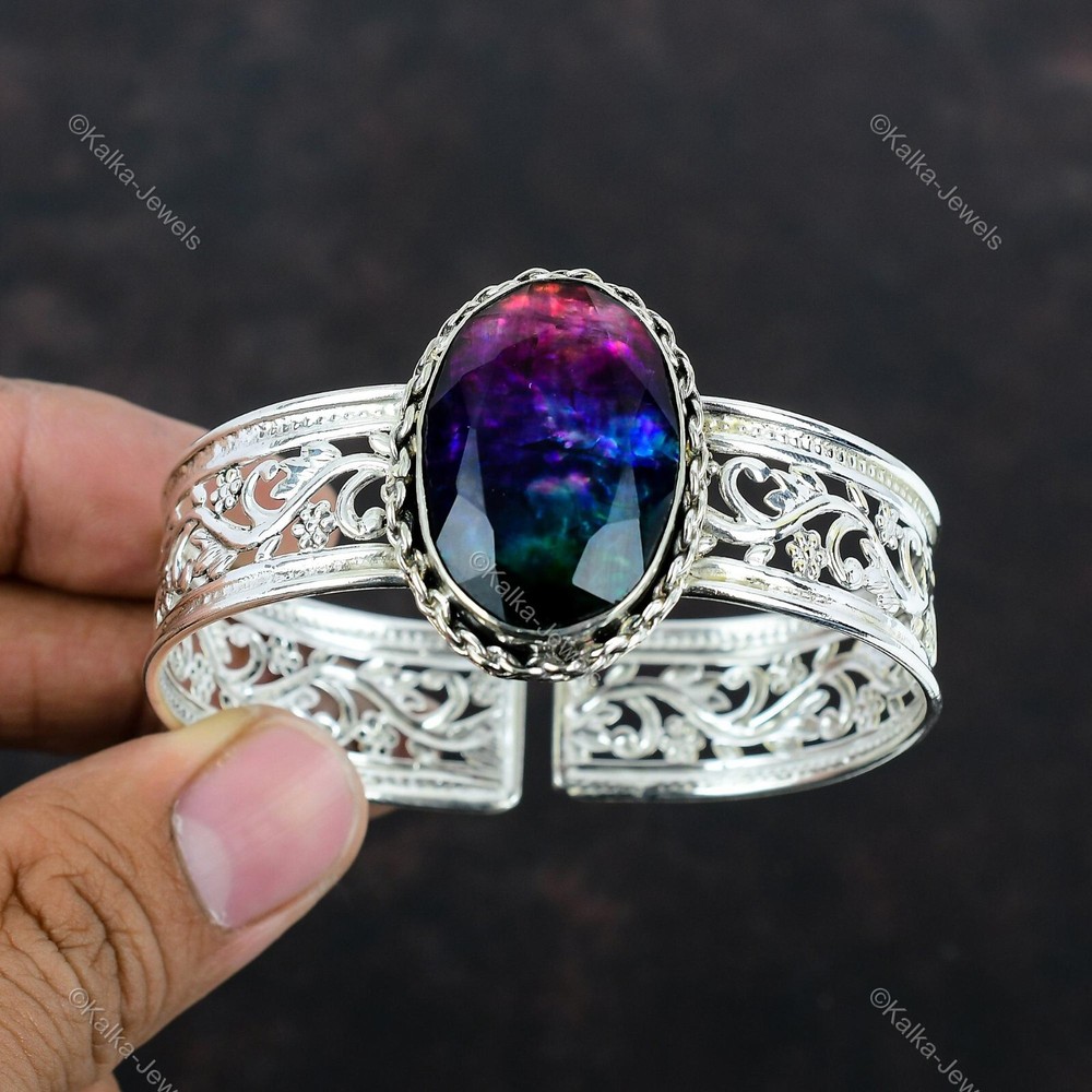 Gift For Her 925 Sterling Silver Natural Ammolite Gemstone Bangle Adjustable