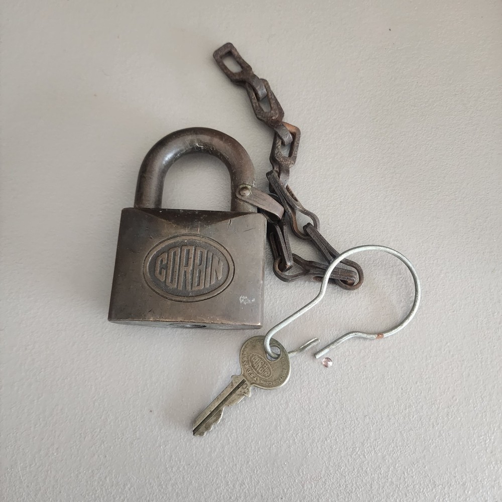 Vintage Corbin Cabinet Lock Padlock with Key and Chain – Solid Brass/Bronze