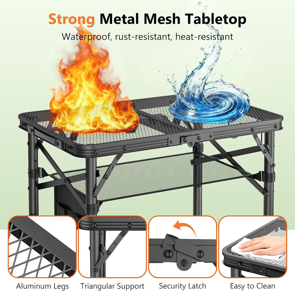 Folding Grill Table for Outside, 3 Height Adjustable Small Camping Table with Me