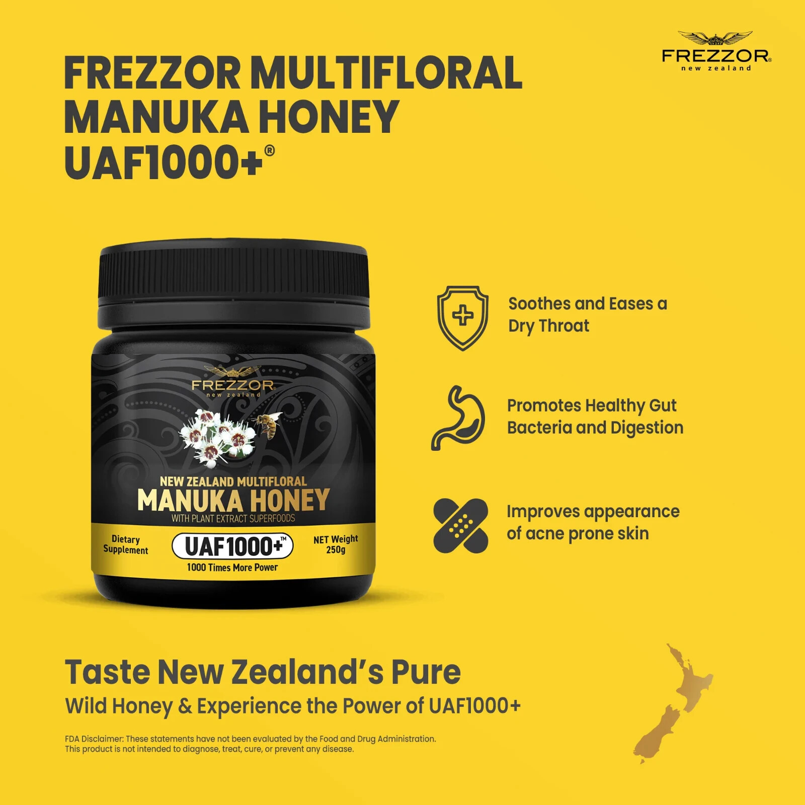 FREZZOR NEW ZEALAND MULTIFLORAL MANUKA HONEY UAF1000+, Cold & Flu Symptom Relief