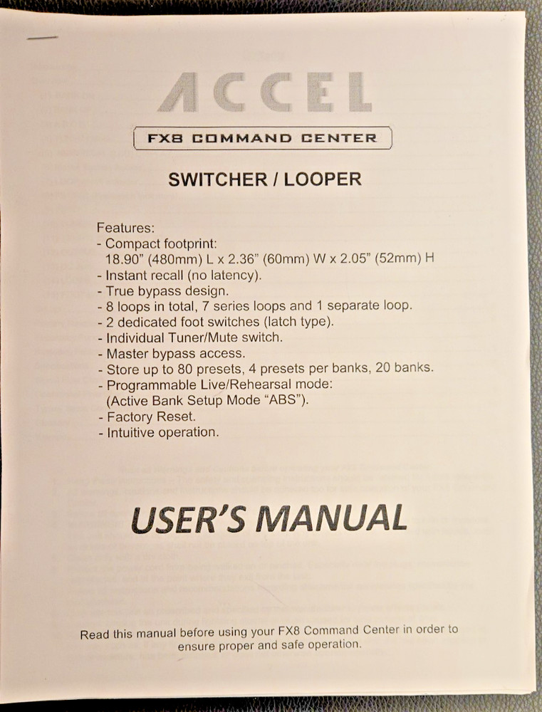 Accel FX8 Command Center, 8 Loop Pedal Switcher with Printed Manual