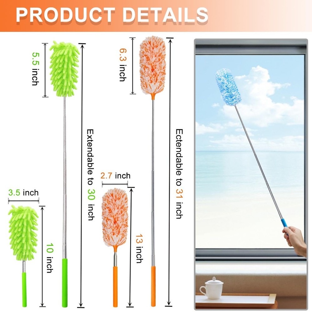4 Pack 13" to 30" Extendable Feather Duster Kit, Washable Duster Head, Microf...