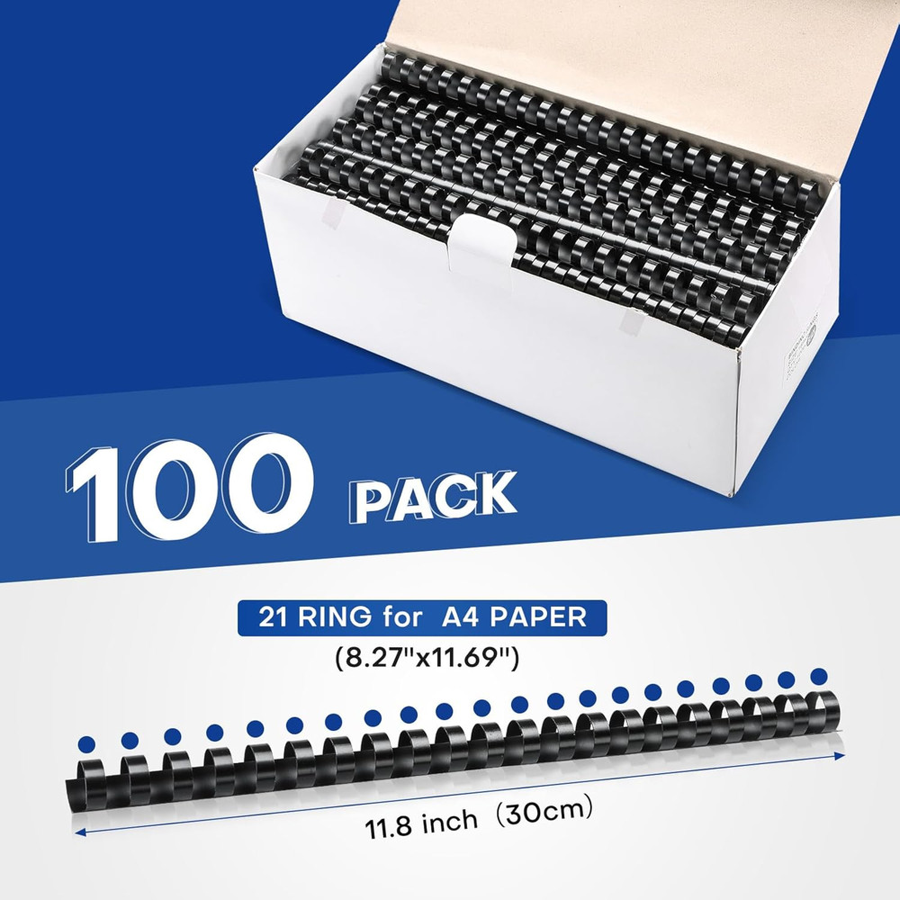 100 Pack 21 Ring Plastic Comb Binding Spines | 1/2 Inch Diameter, 65 Sheet Ca...
