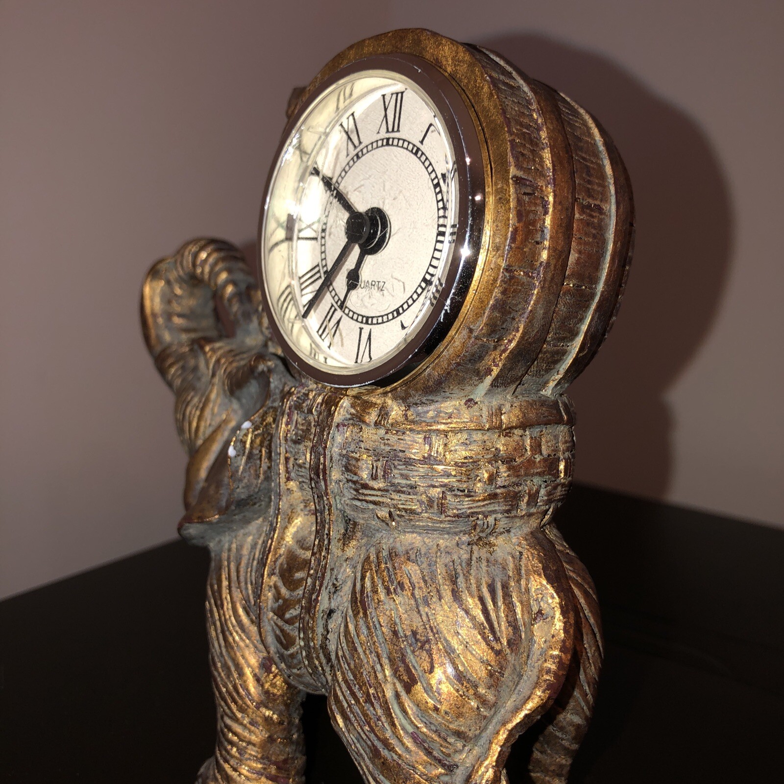 Bronze Style Resin Elephant Riding Monkey Mantle Quartz (Clock not working) 6"