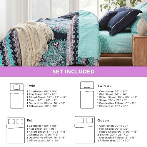 Bed Set, Boho Mandala Comforter Sets with Sheets,Blue Microfibe Bed Queen Navy