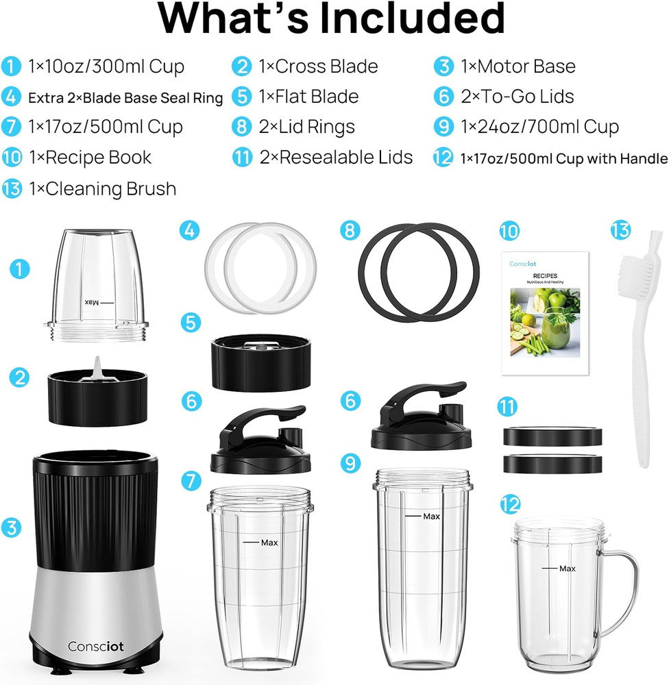 CB08 16-Piece Blender & Grinder Combo for Kitchen and Personal Size, Blend Shake