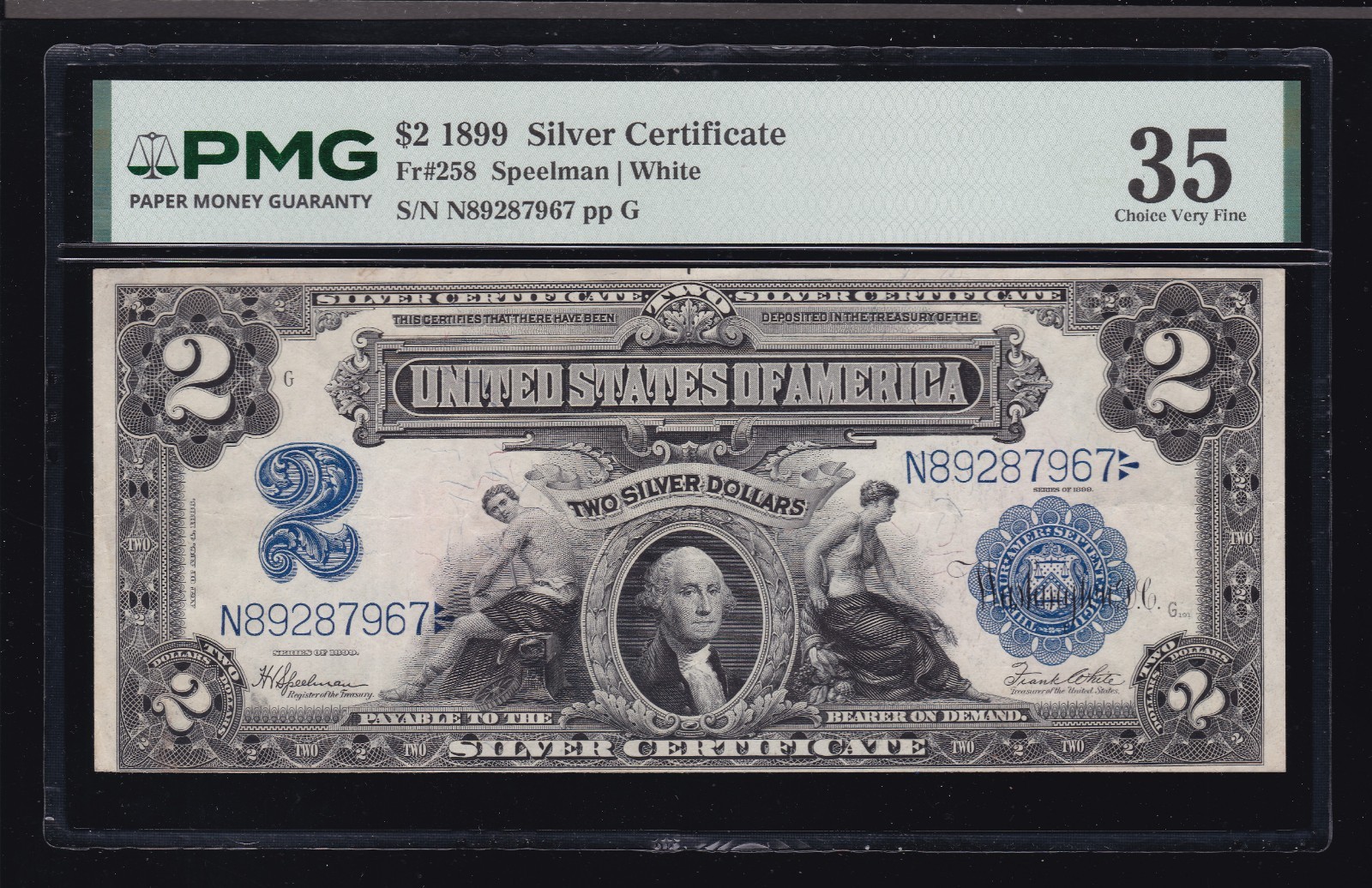 US 1899 $2 M&A Silver Certificate Note FR 258 PMG 35 Ch VF (967)