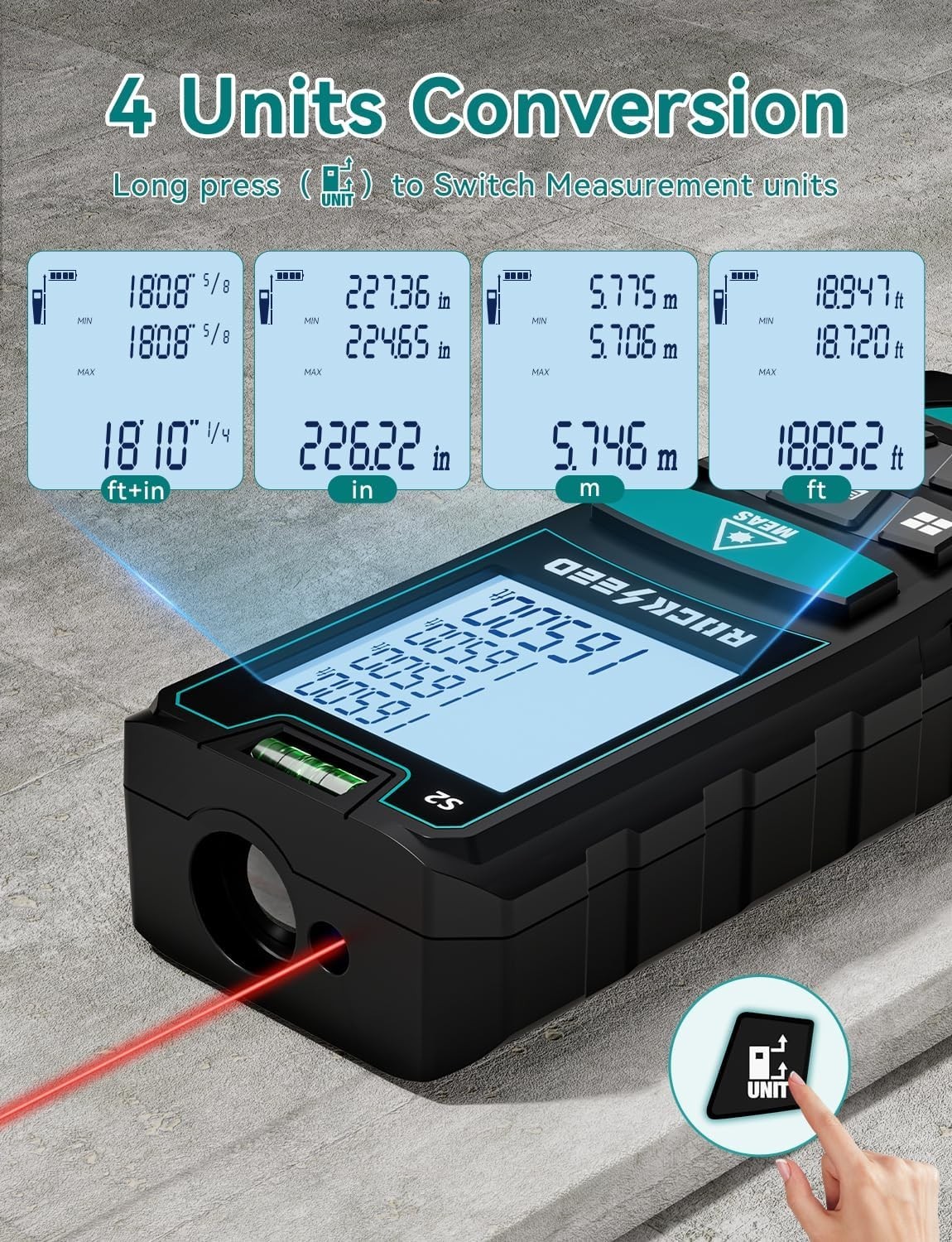 Portable Laser Measure 165' LCD Digital Laser Distance Meter w 2 Bubble Levels