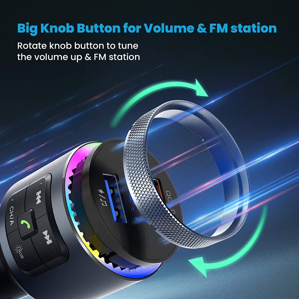 VicTsing Car Bluetooth FM Transmitter RGB Light AUX Radio Adapter QC3.0 Charging