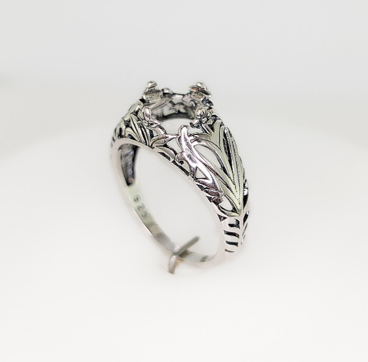 8 mm Round/ 7 mm Square Floral Ring Setting Sterling Silver with Rhodium Finish