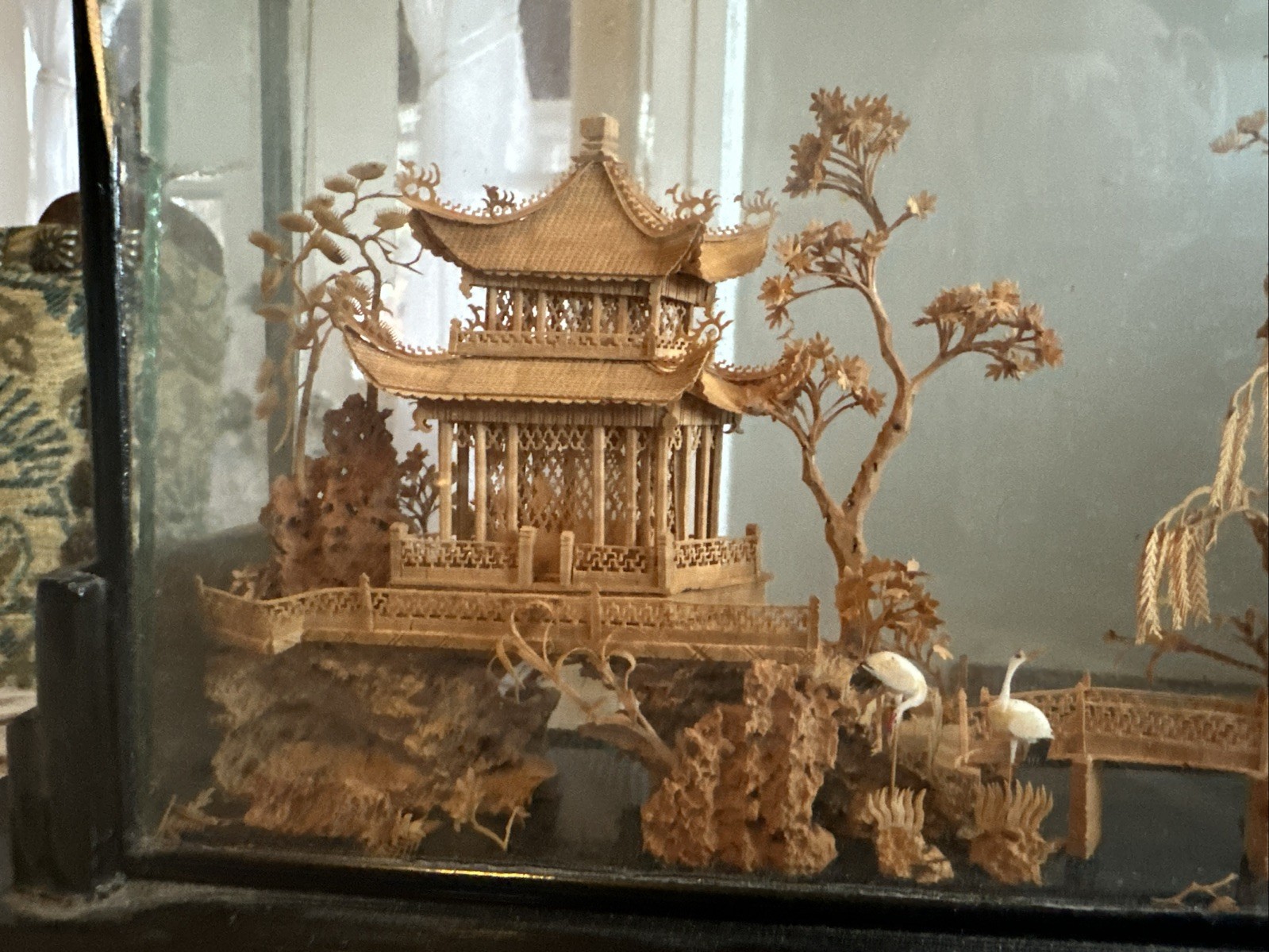 VTG Fujian Chinese Art Sculpture Diorama Cork Wood Carving Trees Crane Pagoda