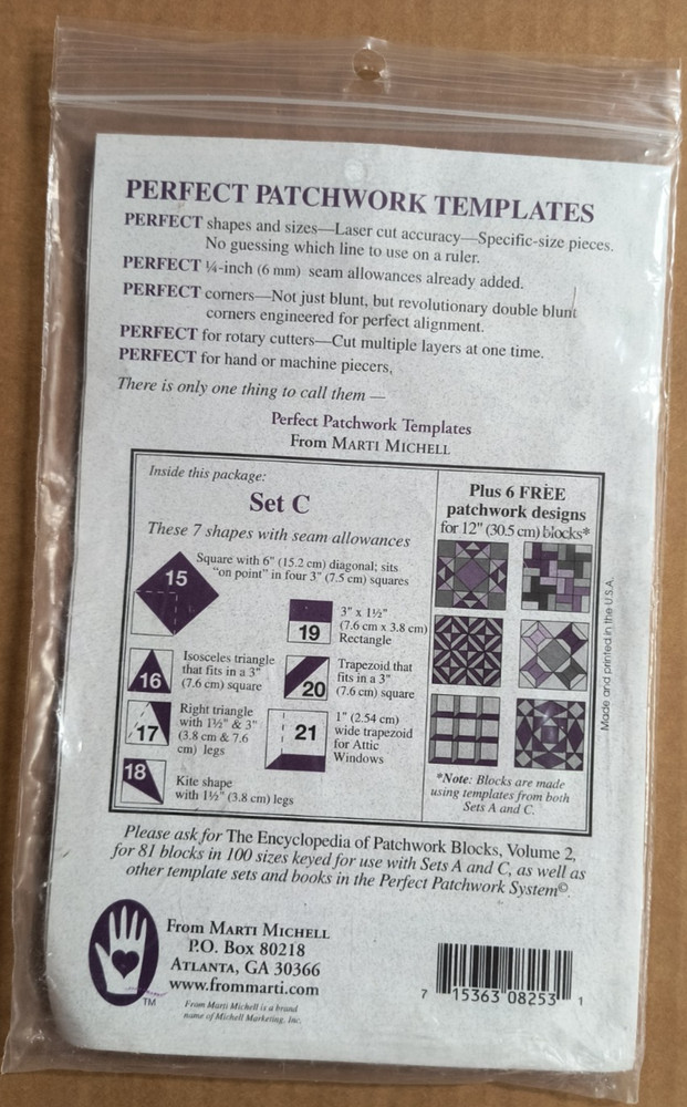 Marti Mitchell Perfect Patchwork Templates Set C 7 Pieces 3-Inch Square Bonus