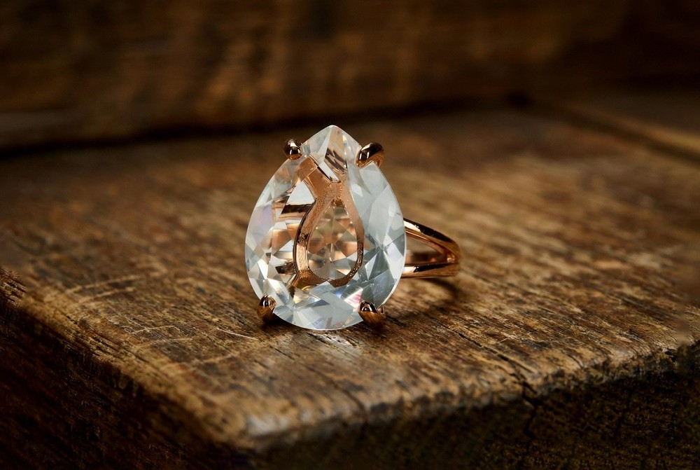 Crystal Quartz Ring Anemone Pear Cut 14k Gold Filled Split Band Wedding