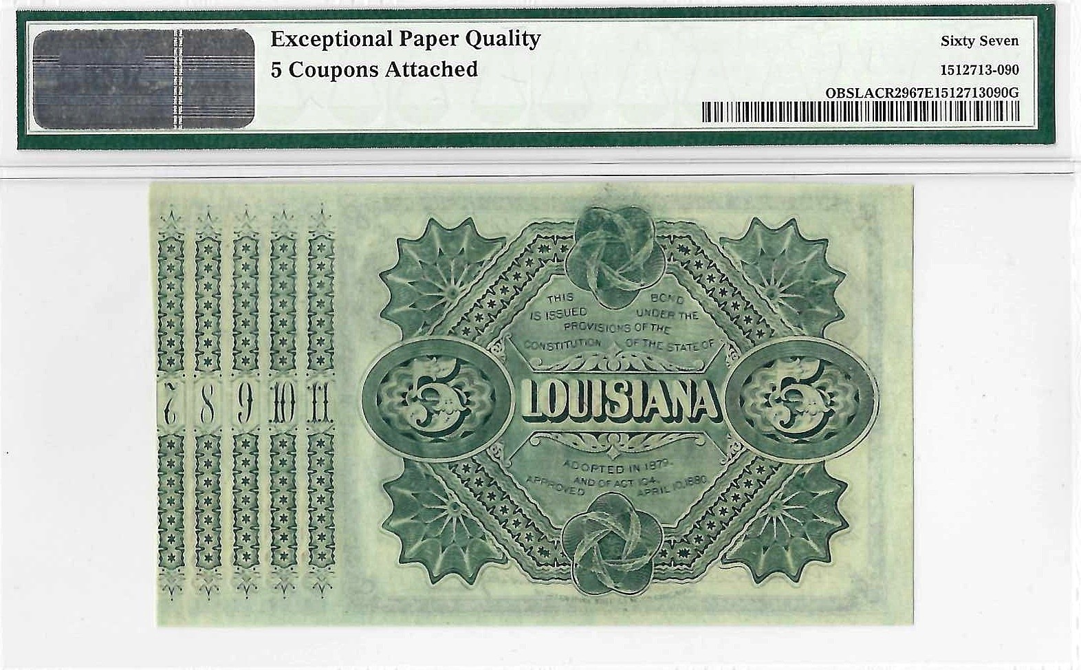 1874 $5 State Of Louisiana "Baby Bond" PMG Superb Gem UNC 67 EPQ