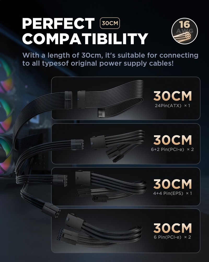 ASIAHORSE 16AWG PSU Cable Extension Power Cords, Customized Black