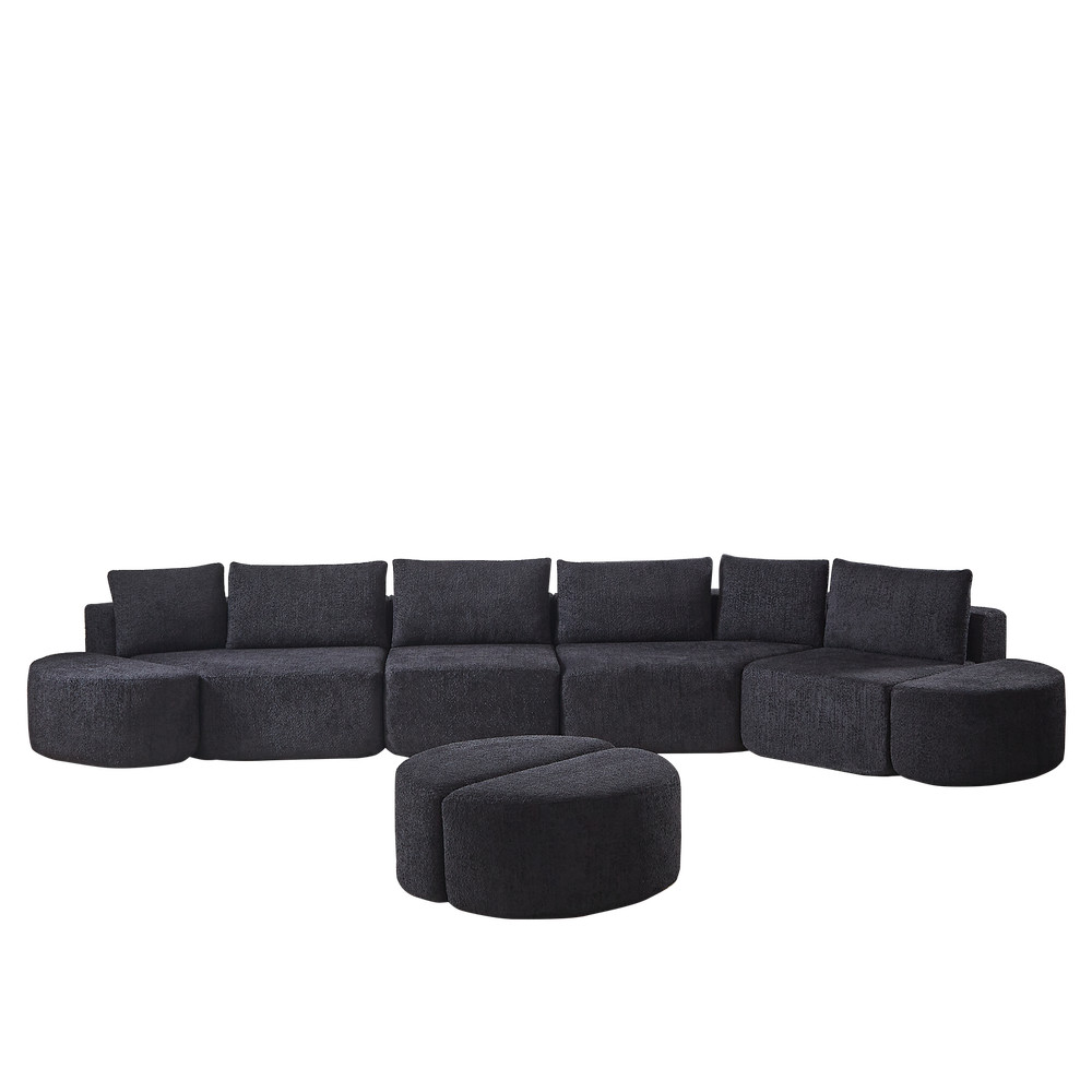 Modular sofa set in chenille fabric, featuring six decorative pillows and four