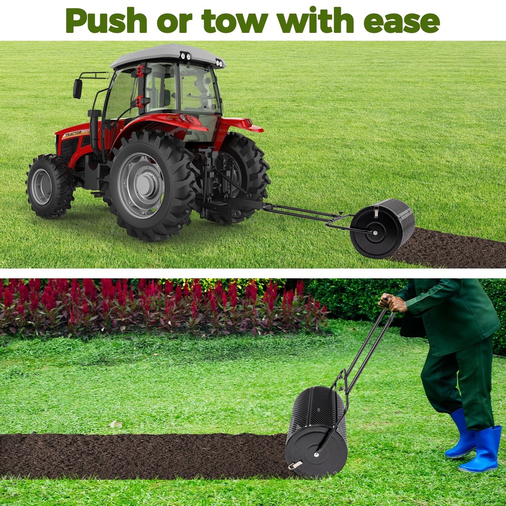 24" Black Compost Spreader, Peat Moss Roller w/ Steel Mesh Basket