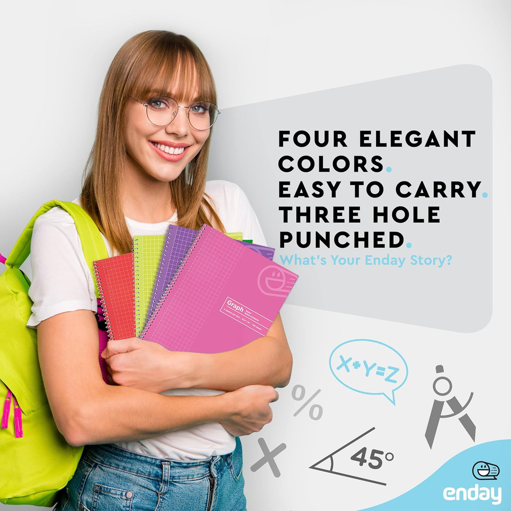 Enday 4-Pack Graph Paper Notebooks - Spiral Quad Ruled, Assorted Colors