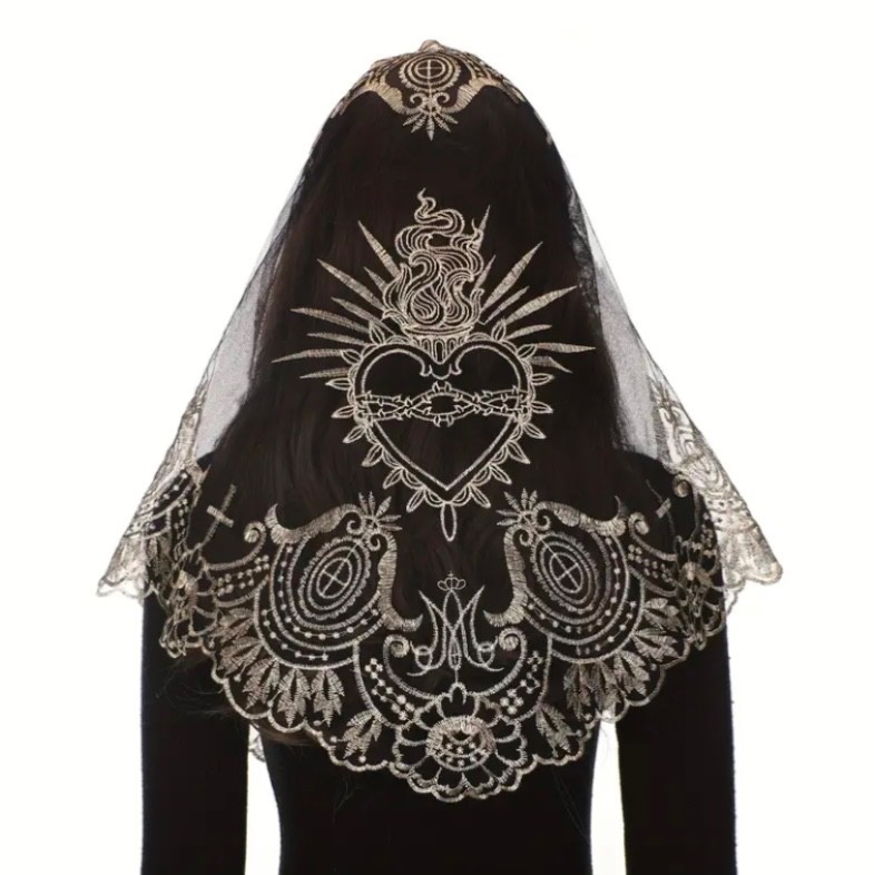 Sacred Heart Jesus Embroidered Veil Mantilla Catholic Church Veil Head Cover