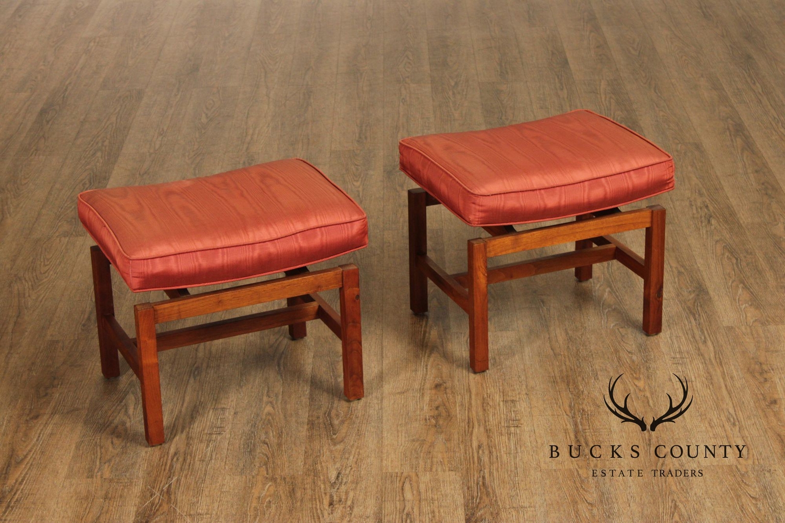 Jens Risom Mid Century Modern Pair Of Walnut Stools