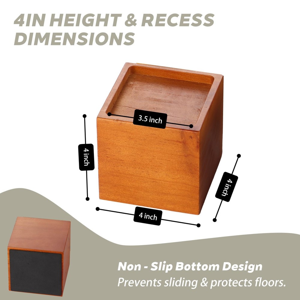 4-Inch Solid Pine Furniture Risers – 2000LBS Capacity, Tool-Free Install, Nat...