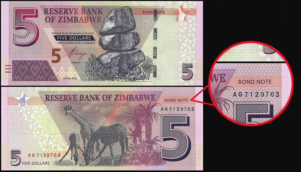 Zimbabwe 5 Dollars, 2016, P-100a.2, UNC, Bond Note