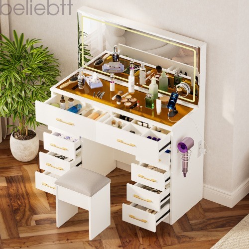 46"Glass Top Vanity Desk 10 Drawers Makeup Vanity Power Outlet, Silent Slides