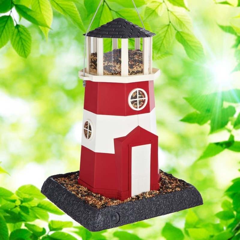 Hopper Bird Feeder Red White Lighthouse Squirrel Proof Removable Tray Easy Clean