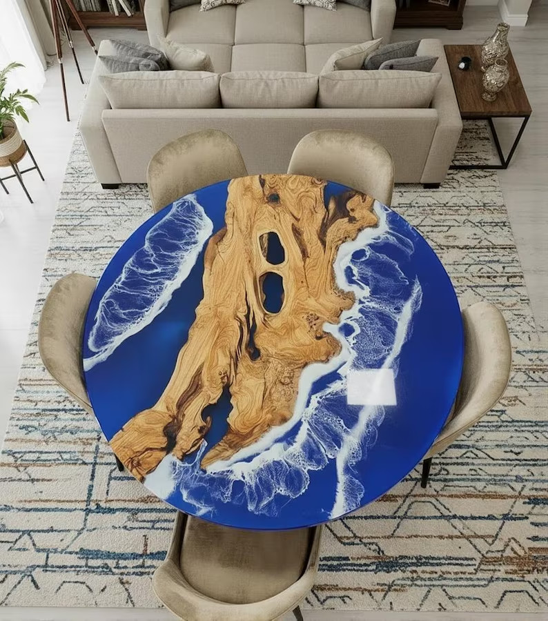 Handmade Ocean Epoxy Dining Table – Live Edge Coastal Resin Table