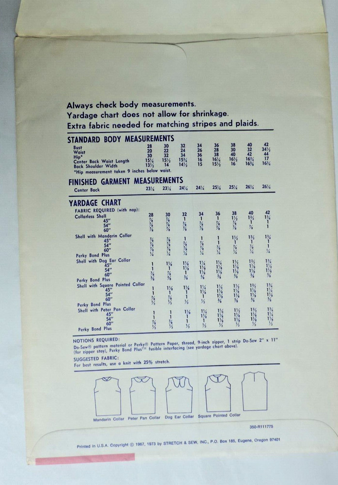 Vntg Stretch & Sew #313 Ladies Basic Shell 4 Collar Opt B: 28 - 42 Pattern FF UC