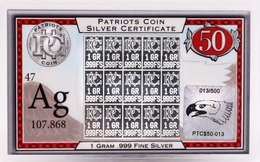 Patriots Coin Silver Certificate 1 Gram Limited Edition Artwork .999 Silver Ag