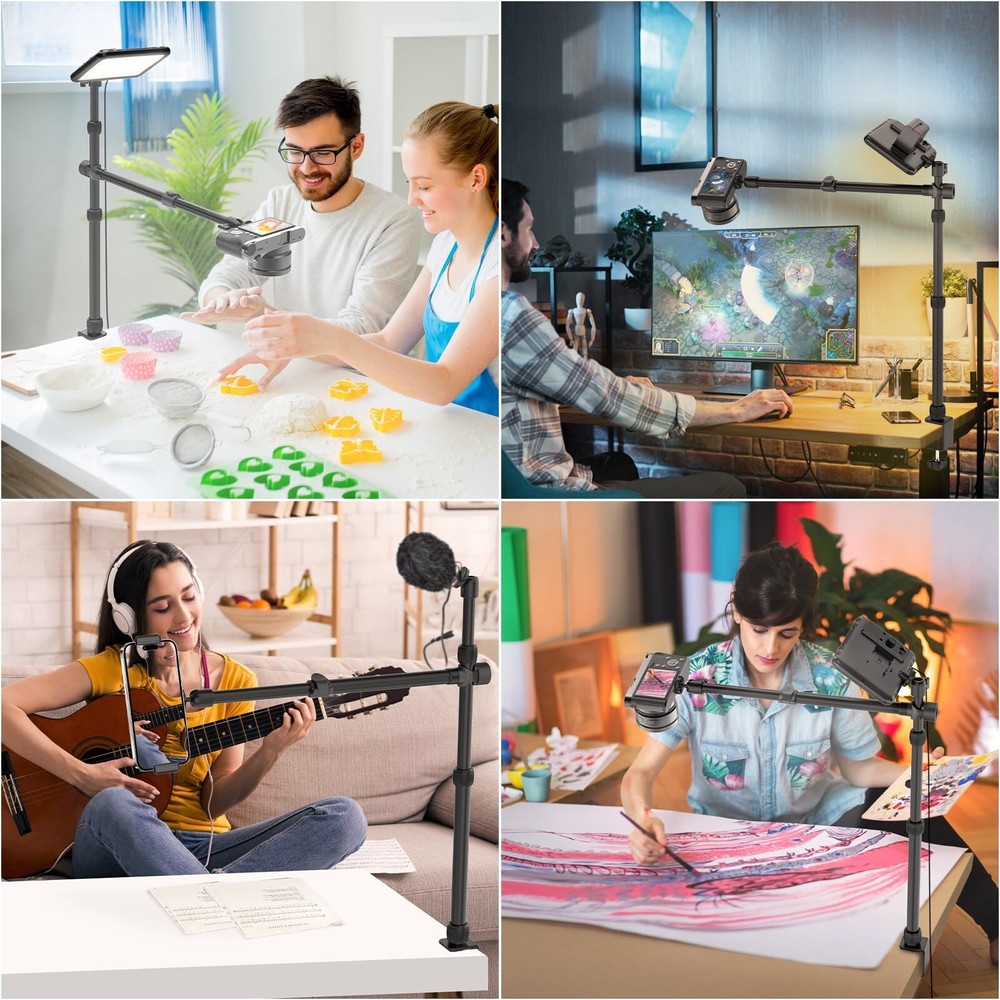 Overhead Camera Mount Table Stand with 2 Section Telescopic Arm, 13"-33" Adju...