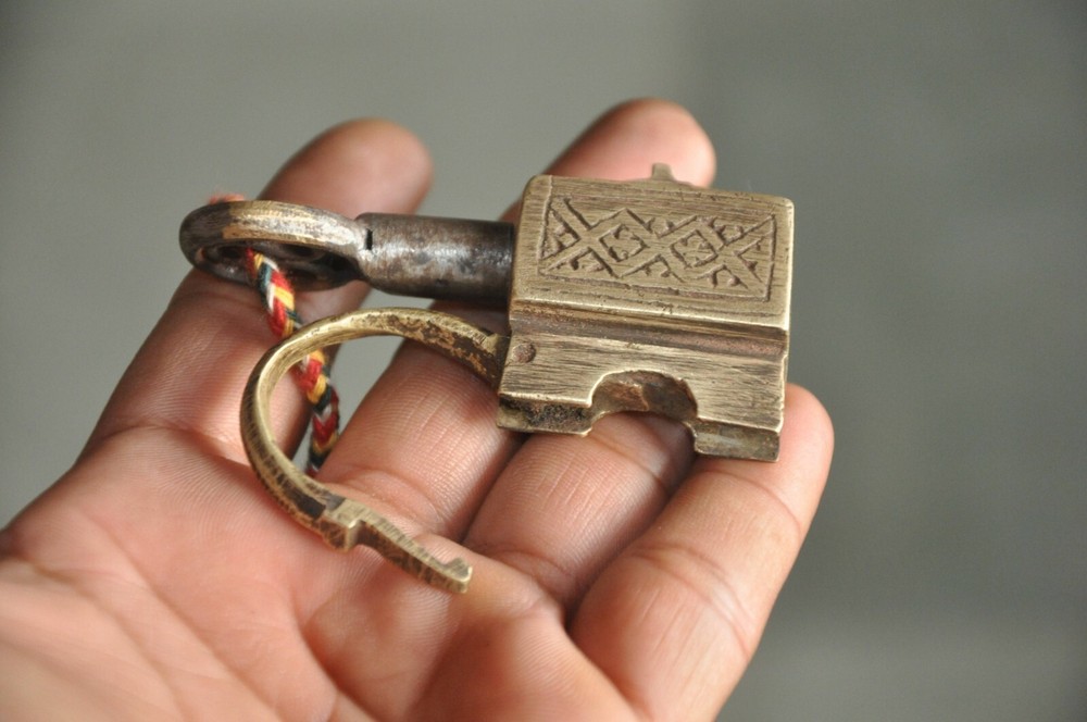 Vintage Brass Handcrafted Engraved Small Unique Shape Screw Padlock
