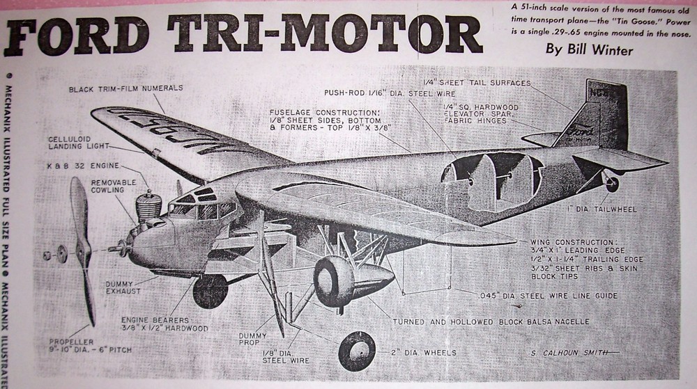 FORD TRI-MOTOR PLAN + CONSTRUCTION ARTICLE for a 51" UC Model Airplane