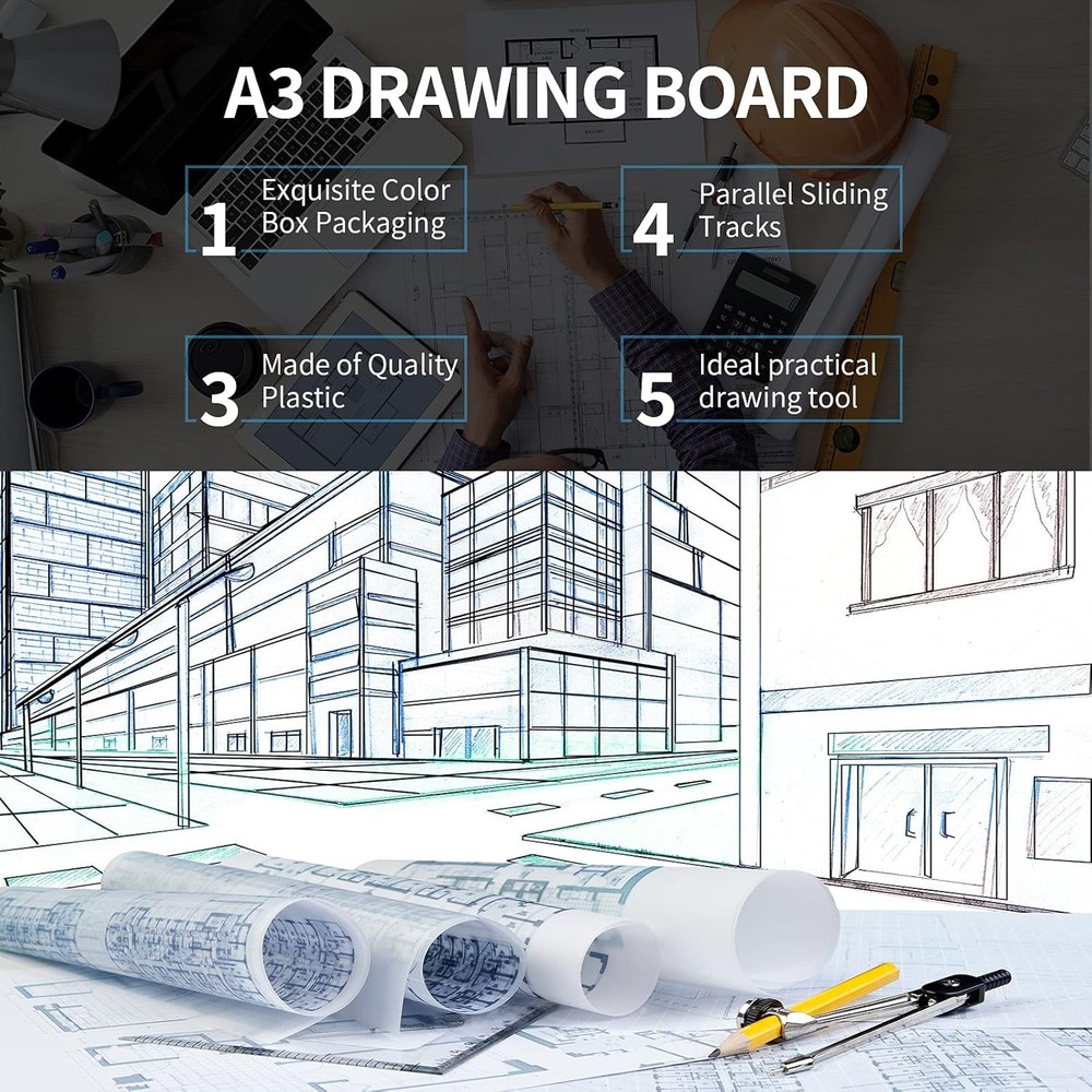 A3 Portable Drawing Board Multi-Function Metric Drafting Table with Clear Rule