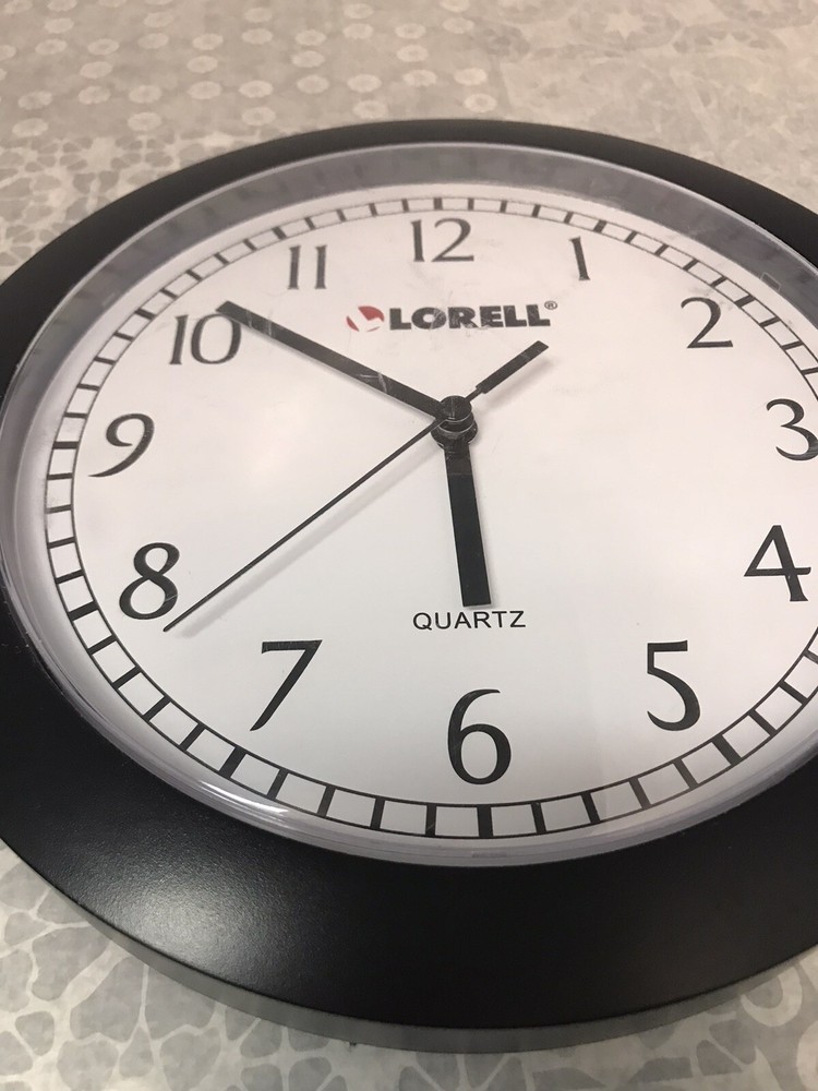Lorell Wall Clock, 9", Arabic Numerals, White Dial/Black Frame. Tested Working