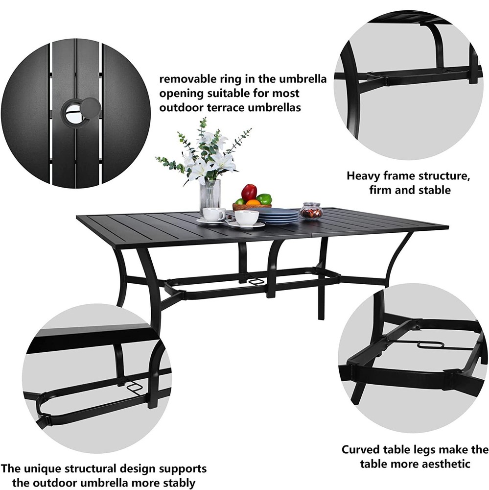 59inch Outdoor Dining Table Metal Rectangular Patio Dining Table w/Umbrella Hole