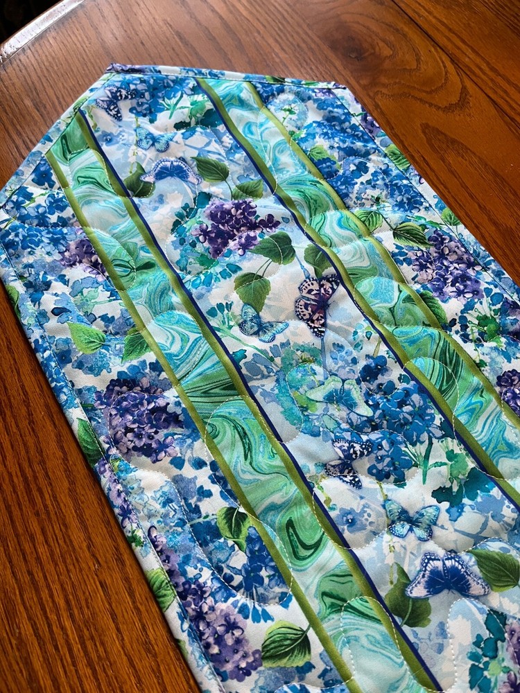 Handcrafted-Quilted Table Runner- Spring Is Coming: Hydrangeas, Butterflies 2025