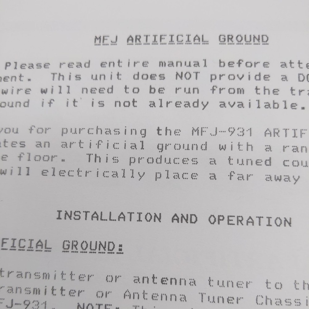 MFJ-931 Artificial RF Ground Owner's Manual, Original