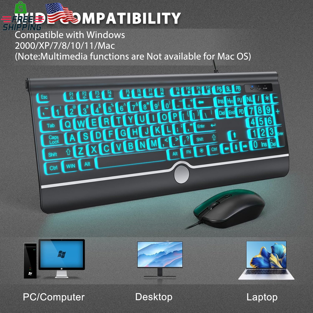 Wired Keyboard and Mouse Combo - Large Print Light up Keyboard, USB Silent Wired