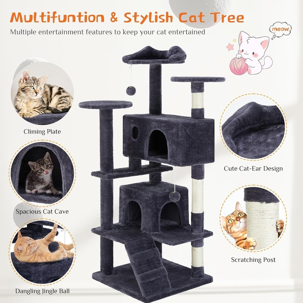 Sweetcrispy 54 Inch Cat Tree Tower, Multi-Level Tower with Cat Scratching Post,